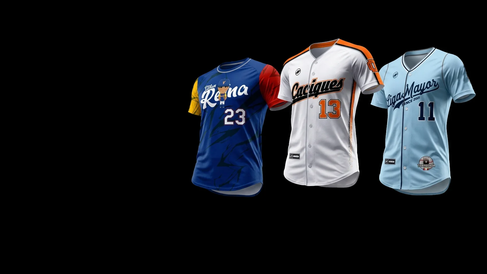 Tres uniformes deportivos diseñados por Supermonicaco, en azul, blanco y celeste